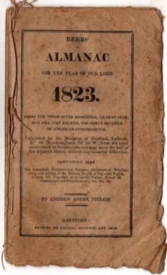 200 Year old 1823 Beers' Almanac; For the Year of Our Lord 1823, Hartford Editio