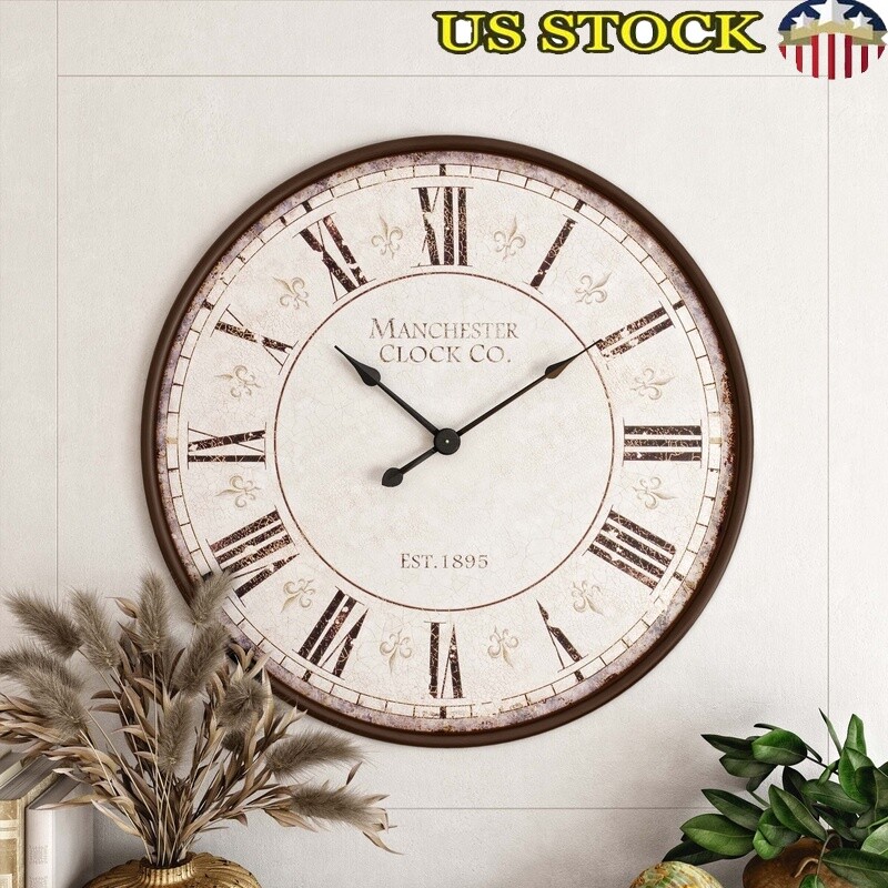 Large Round Wall Clock Analog Iron Frame Roman Numerals Home Decor 30 In New