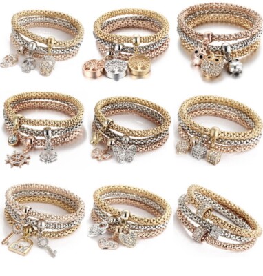 Costume Jewelry Set Of 3 7in bracelets gold,silver or rosetone stretchy *1 set*