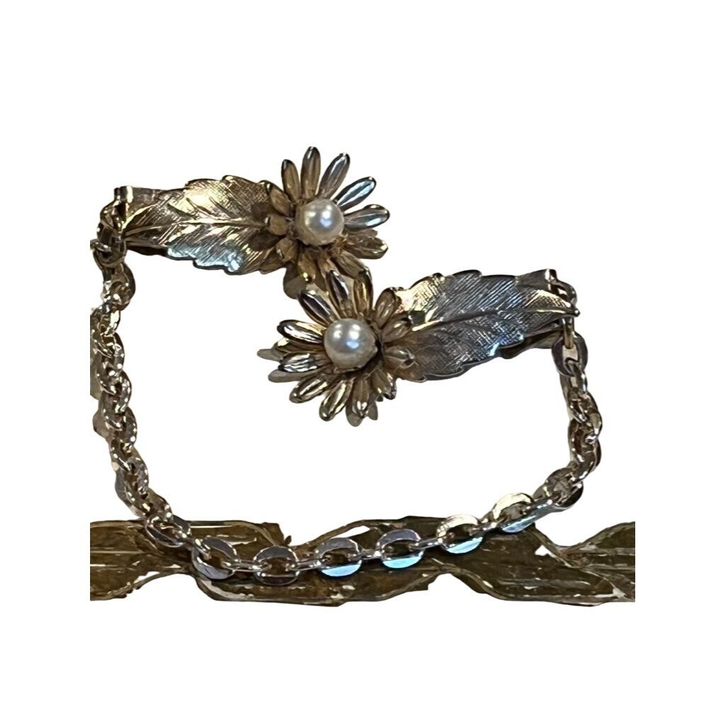 Vintage Gold-Plated Pearl Chain Floral Clip Retro Scarf Tie Grandpa Style