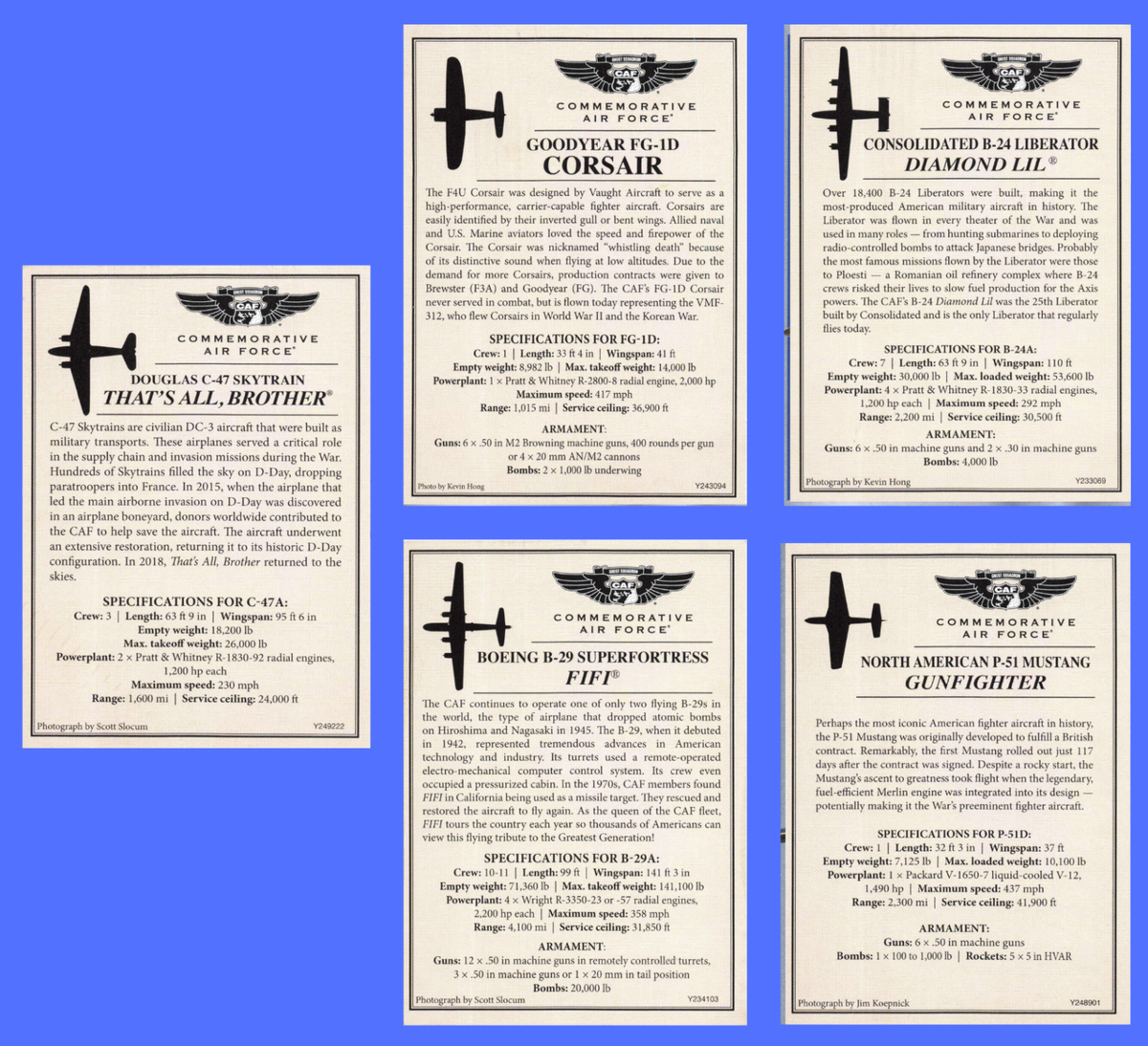 USAF Commemorative Air Force Trading Cards from WWII Set of 5