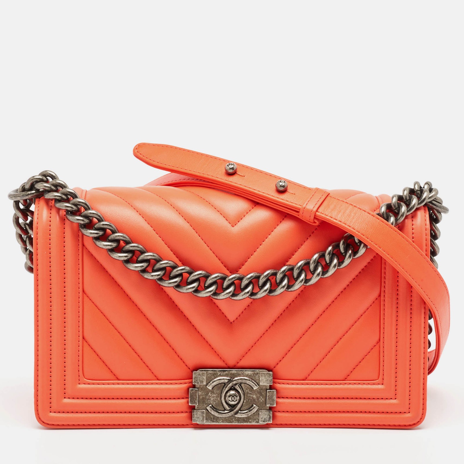 Chanel Medium Boy Flap Bag in Orange Chevron Leather
