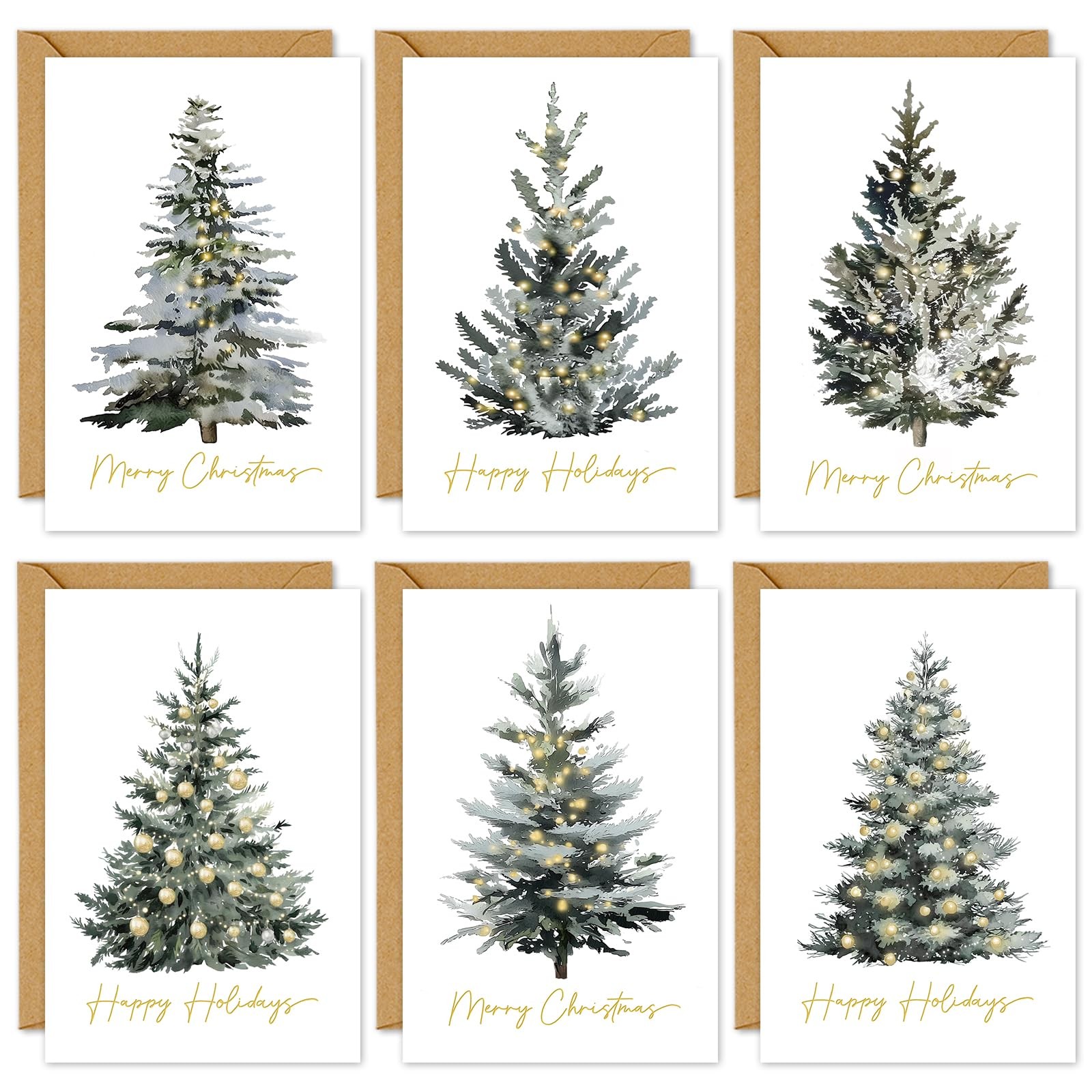 36 Packs Gold Foil Christmas Greeting Cards Xmas Pine Tree Watercolor Blank Note