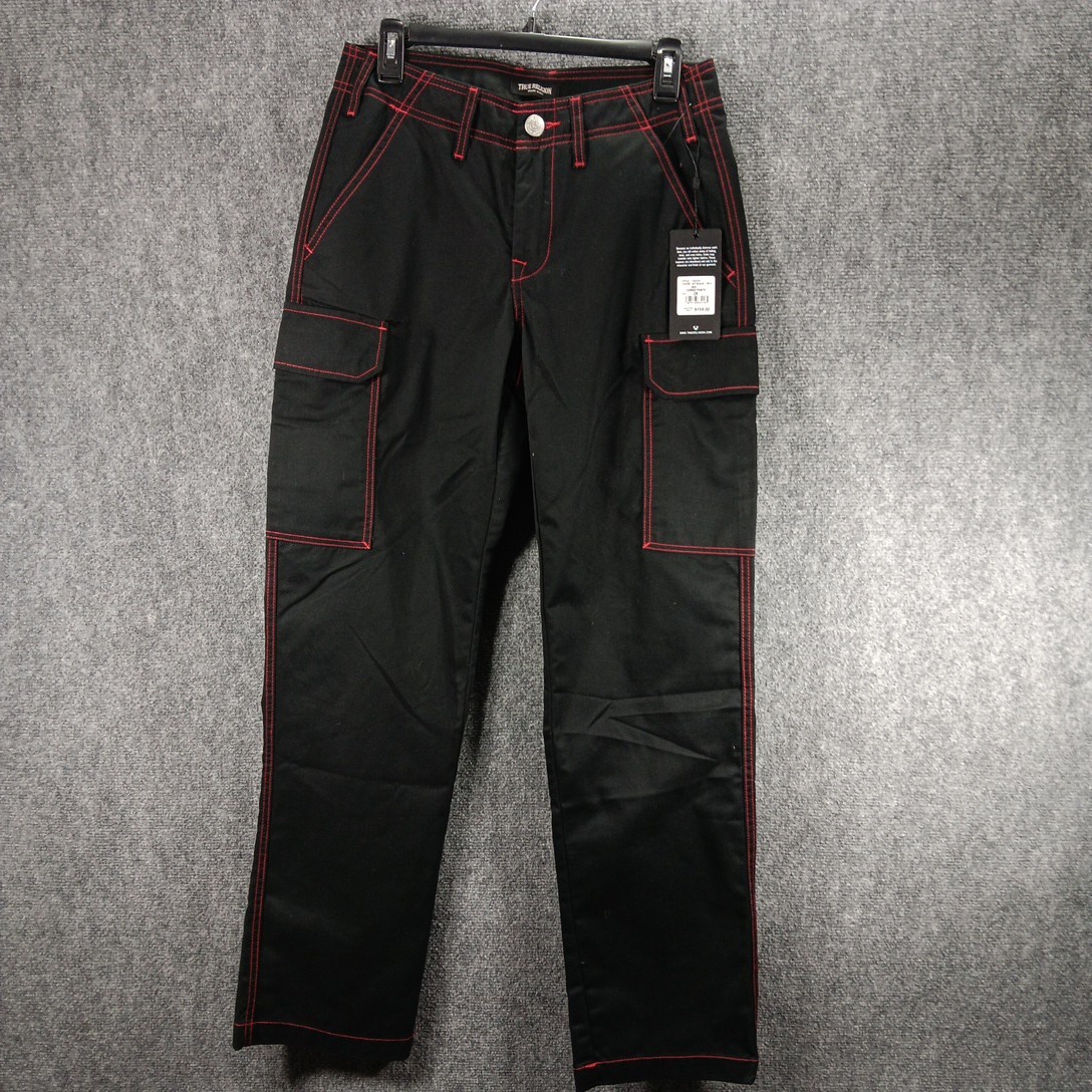 True Religion 28 Cargo Pants JET BLACK RED TRIM 33