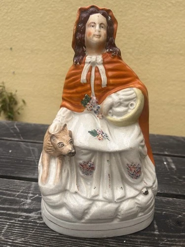 SUPERB  19thC STAFFORDSHIRE RED RIDING HOOD FIGURE WITH WOLF TO SIDE c1880s