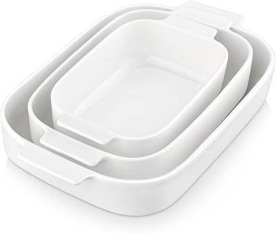 MALACASA 3PC Porcelain Casserole Baking Dish Set for Oven Ceramic Bakeware White