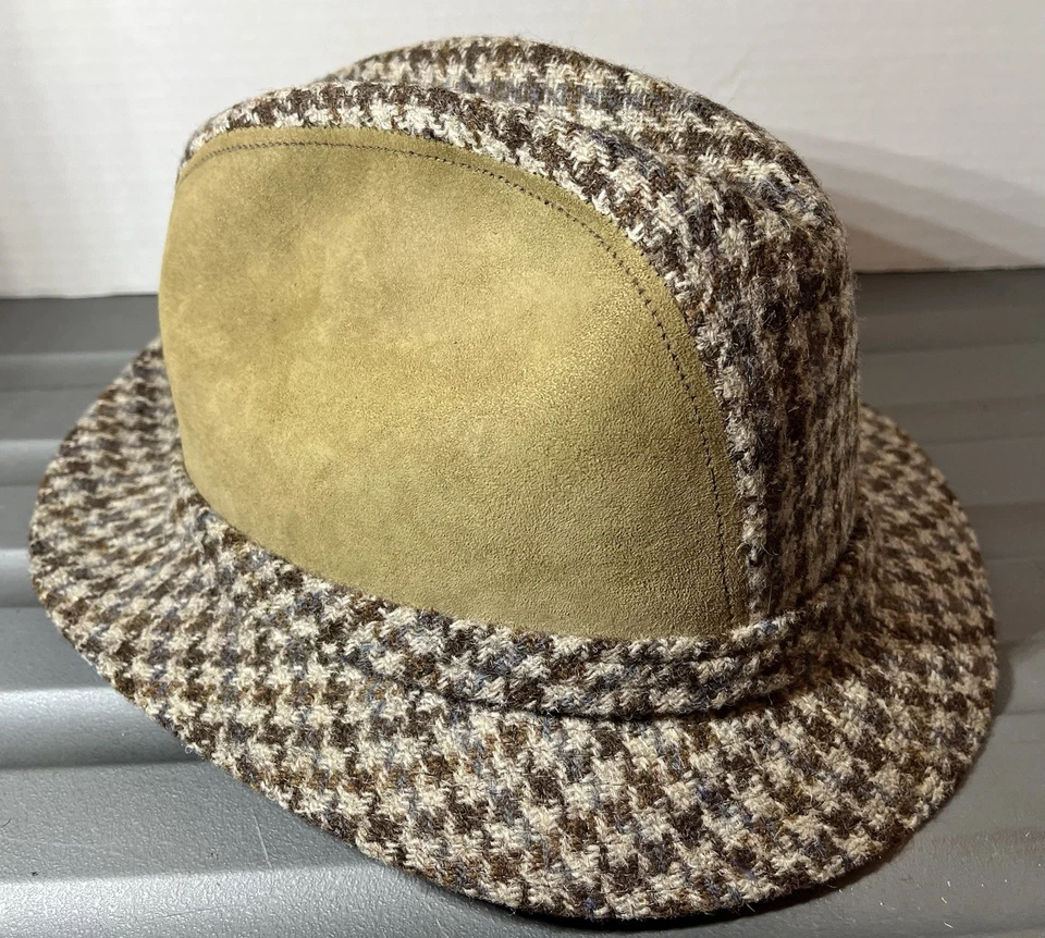 Vintage Biltmore Trilby Hat Tweed Wool & Suede w/ Feather, 7 1/8” Made In Canada - Imagem 4 de 4