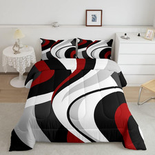 Red Black Stripes Comforter Set Full Size Abstract Circle Waves Bedding Set Swir
