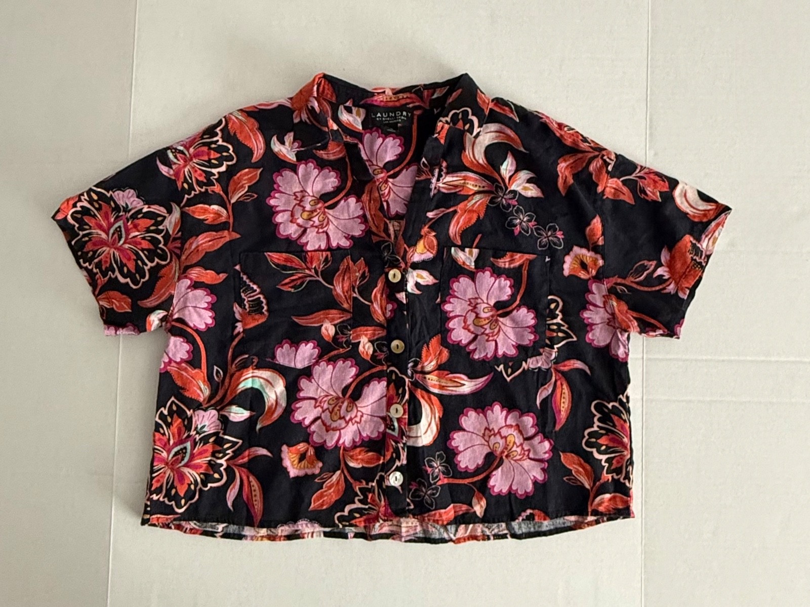 Laundry by Shelli Segal Women's Black Floral Cropped Linen Button Up Top  Size M