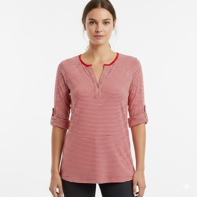 Sledge USA Striped Henley Top Women's S Red Coastal Preppy Nautical Retro Chic