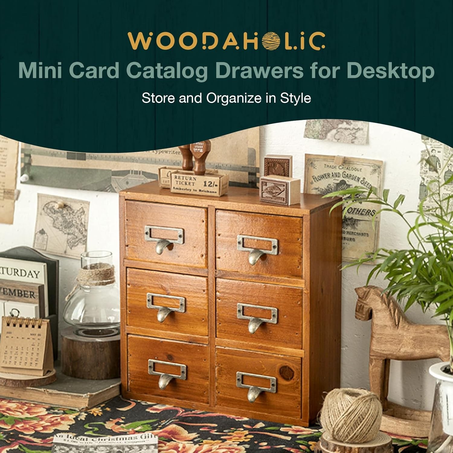 Vintage Card Catalog Drawers for Desktop - 6-Drawer Mini Wood Mahogany 