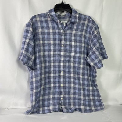 Peter Millar Button Up Linen Blend Blue Plaid Short Sleeve Casual Sz Large