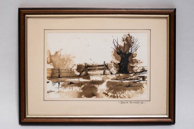 Jens Rusch (*1950) Kopfweide mit Zaun 1976 - Aquarell in Sepia, 70s Art