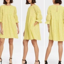 Who What Wear Yellow Dash Print Babydoll Dress XL Tiered Puff Sleeve Mini Pocket