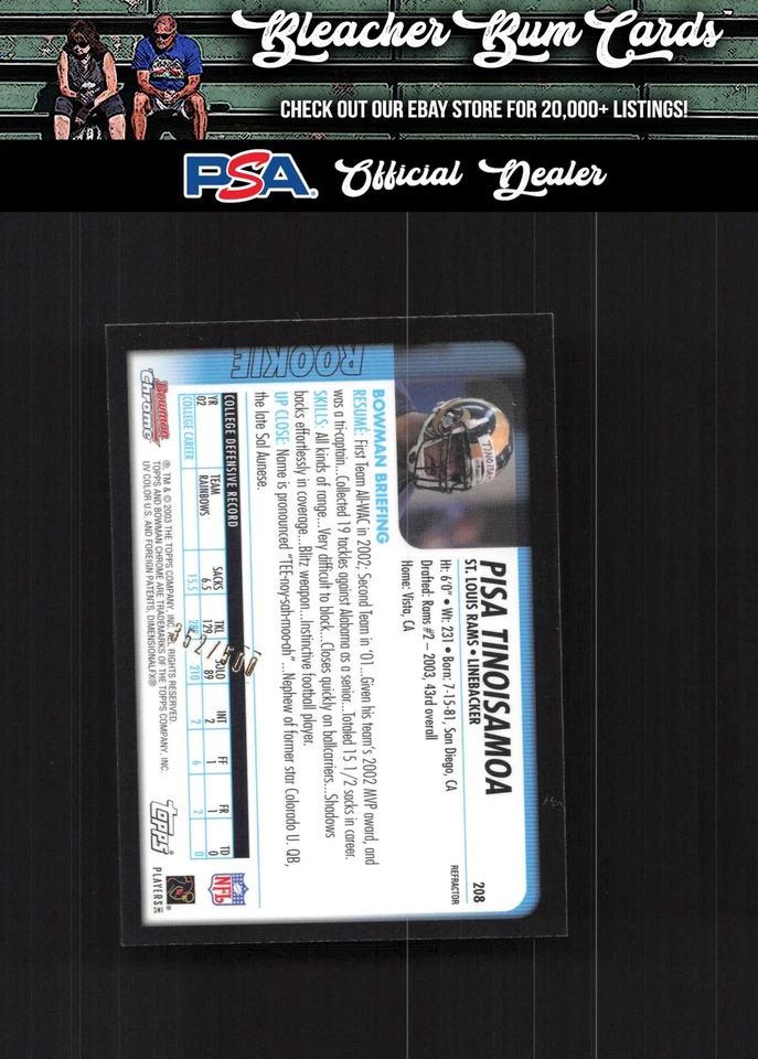 2003 Bowman Chrome 208 Pisa Tinoisamoa Refractors #/500 Error - Image 2 of 2