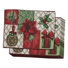 Rectangular Cloth Placemats - Durable Polyester Poinsettia Table Mats - Easy