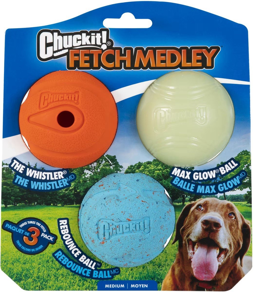 Chuckit Fetch Medley 3-Count Medium Dog Balls Whistler,max G