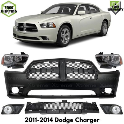 Front Bumper Cover Primed Plastic & Headlights Kit For 2011-2014 Dodge Charger