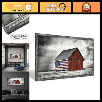 Large Rustic Farmhouse American Flag Wall Art - Framed Panoramic Landscape Decor