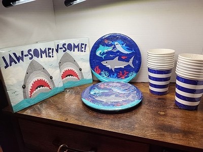 Shark Party Supply Set: 32 Napkins, 16 Plates, 16 Cups