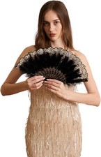 Happy Feather Embroidered Flower Marabou Fan, 1920s Vintage Black1