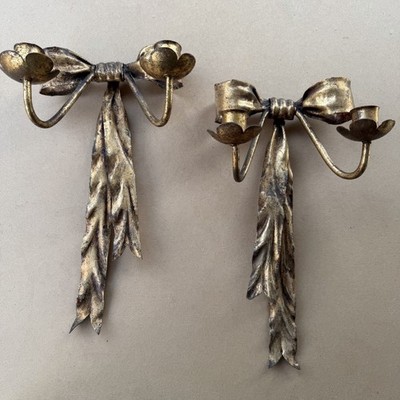 Vintage Walter Hatches Italian Gilded Toleware Bow Candle Holders Set Of 2