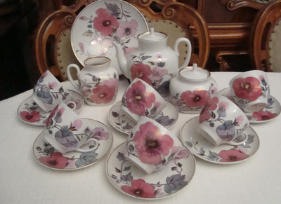 Vintage Lomonosov USSR Rose Branch Porcelain Tea Set Teapot Cups Saucers LFZ