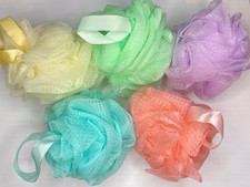 Multicolor Nylon Mesh Bath Loofah Pouf Sponges, Exfoliating, Set of 5