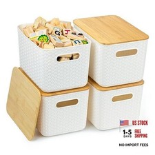 4 Packs Storage Bins with Bamboo Lids - Plastic Storage Containers with White
