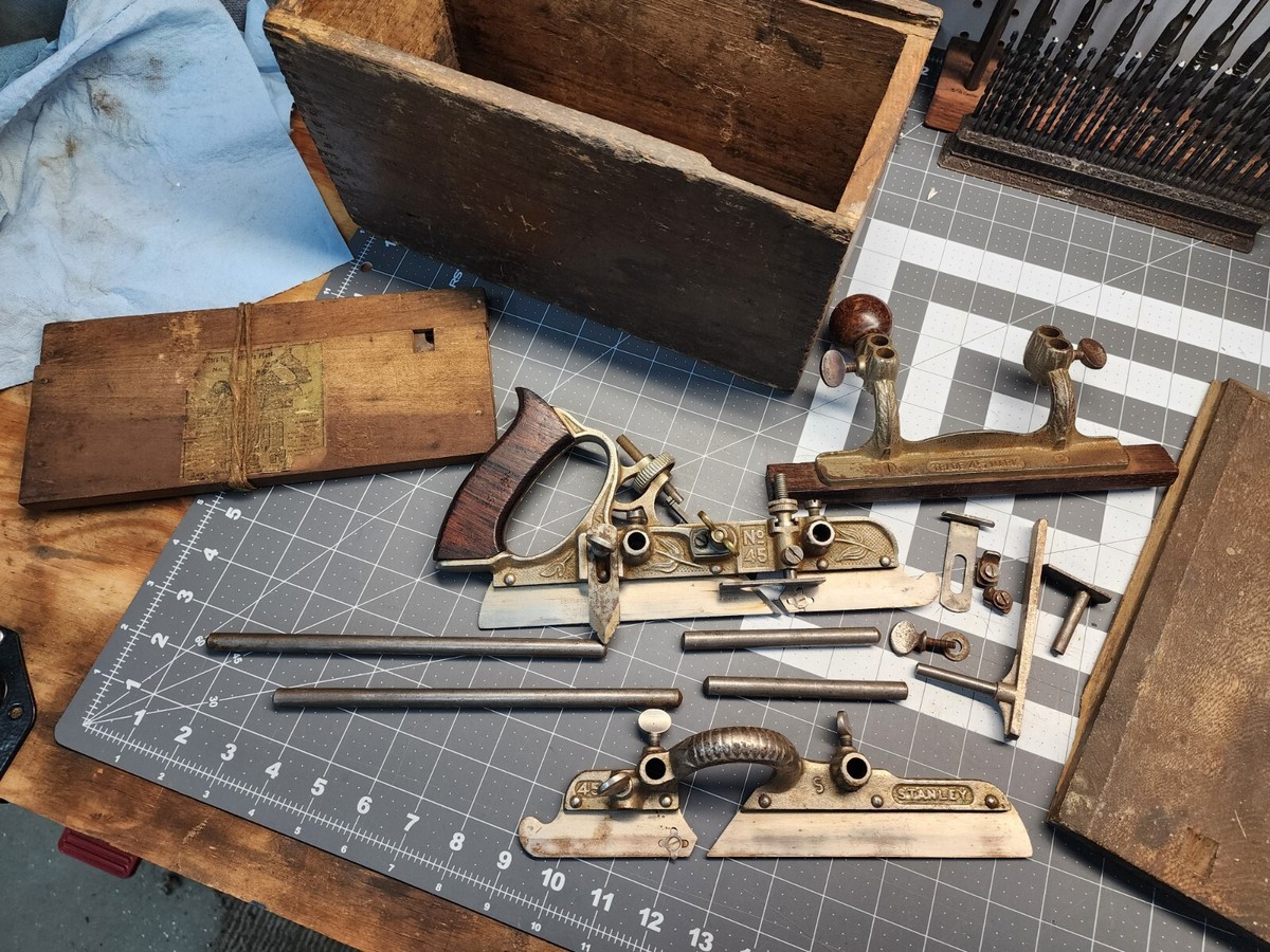 Vintage Stanley No. 45 Combination Plane w/Wooden Box And