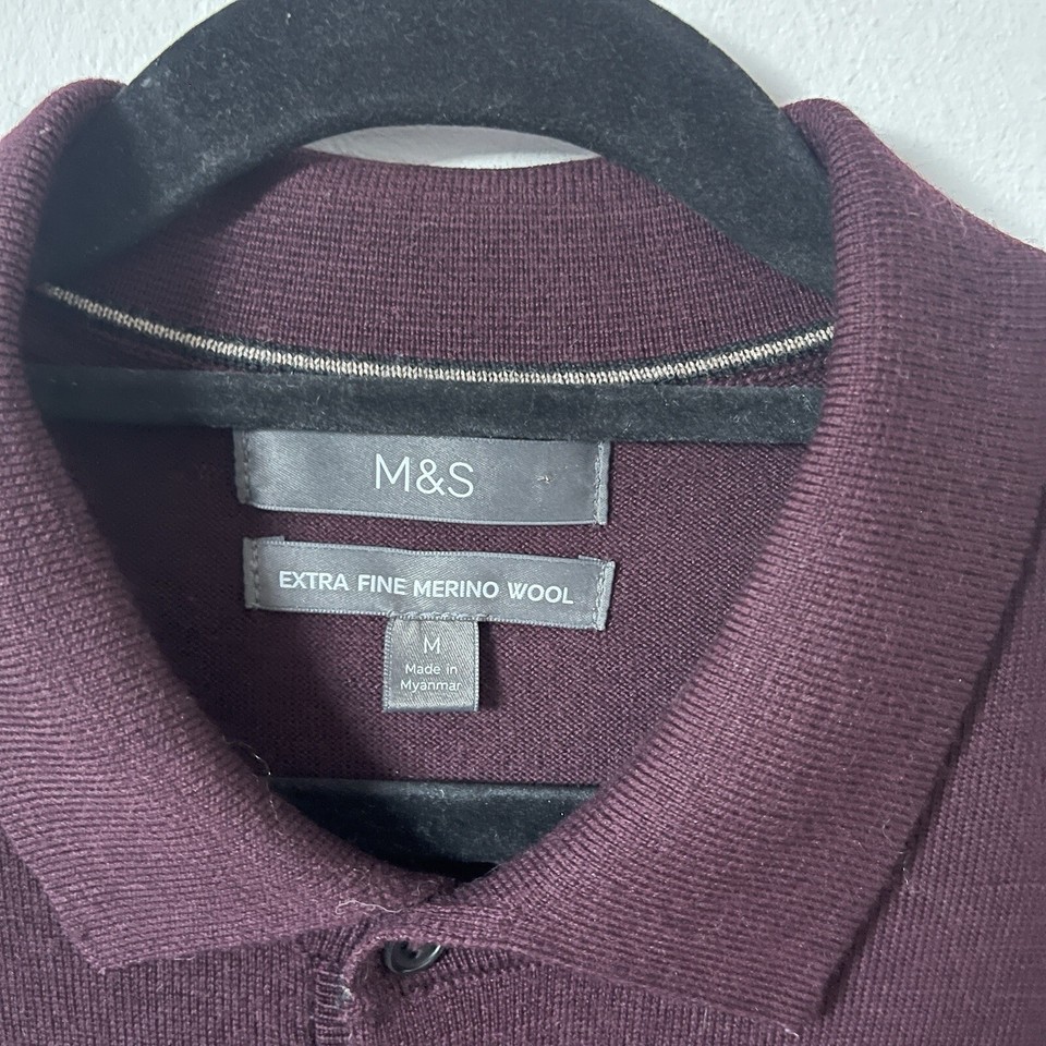 Men’s M&S Extra Fine Merino Wool Burgundy Polo Collared Jumper UK Size