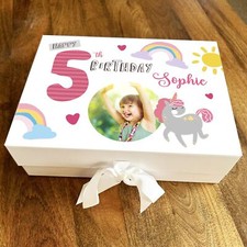 Unicorn Photo Girl Pink Rainbow Child Age Personalised Birthday Gift Box