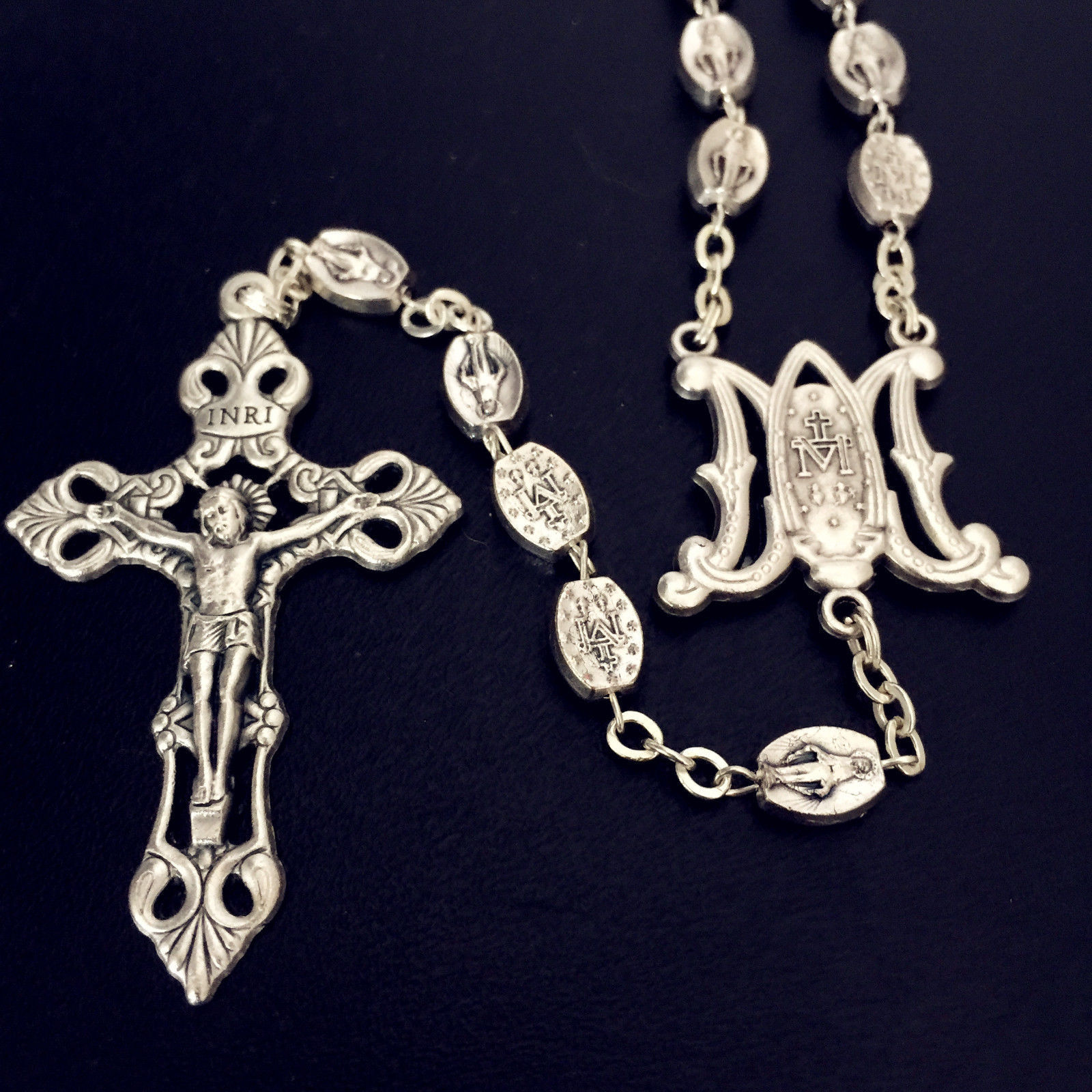 SILVER Italy Catholic Our Lady Of Grace Mary Rosary Cross Crucifix