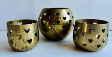 Lot Of 3 Round Solid Brass Votive Candleholders Pierced Heart Patterns