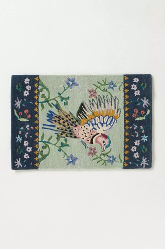 Alfombra acolchada de lana hecha a mano diseño Aria pájaro verde patrón floral decoración - Imagen 4 de 4