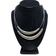Double Strand Silver Tone Statement Choker Necklace Boho Fashion Jewelry 8 in