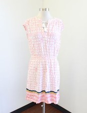 Ann Taylor Loft White Coral Pink Geometric Printed Tie Tassel Shirt Dress Size S