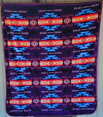 SOUTHWEST INDIAN BEAR BUFFALO EAGLE HORSE DEER WOLF PURPLE QUEEN BLANKET