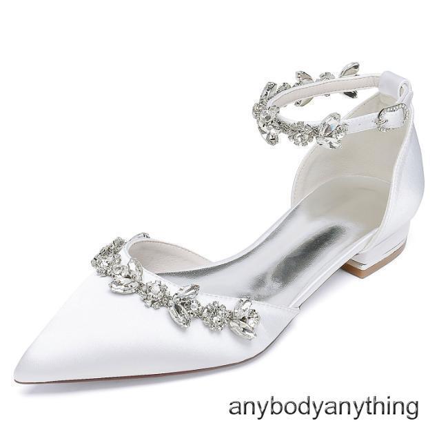 Women's Silk Satin With Ankle Strap Rhinestone Closed Toe Flat Heel Wedding Shoes