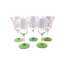Green Footed Optic Glass Wine Glasses (5) Etched Flowers 6 5/8" Elegant Vintage
