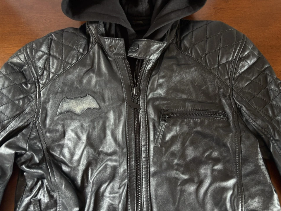 Batman Distressed Logo Biker Black Leather Jacket with Removable Hood **READ** - Image 4 of 4
