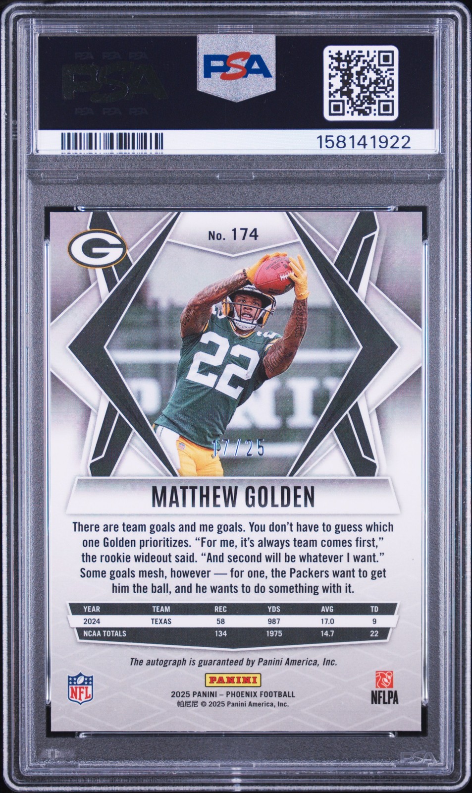 2025 PANINI PHOENIX AUTO-GREEN #174 MATTHEW GOLDEN ROOKIE RC 17/25 PSA 9 view 2