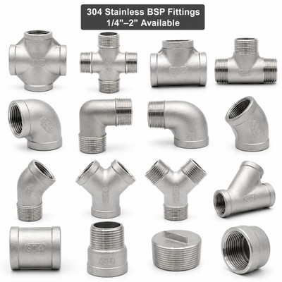 304 Stainless Steel BSP Pipe Fittings 1/4''-2'' Coupler Elbow Tee Cross Adapter