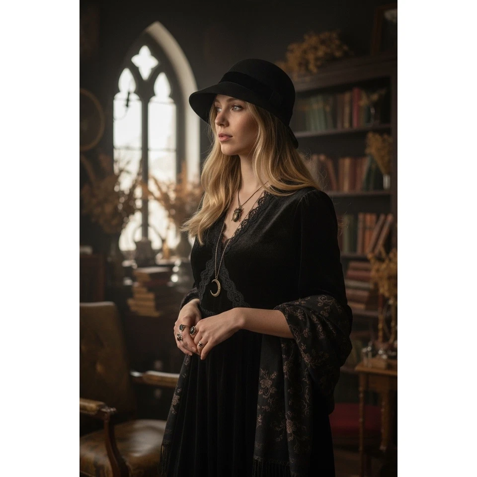 Vtg union made Black Velvet Cloche Hat Satin Band steampunk USA whimsigoth rare - Image 2 of 4