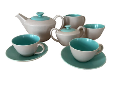 8-TEILIGES VINTAGE POOLE KERAMIK TWINTONE MÖWE UND EISGRÜN TEESERVICE