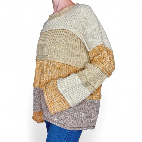 Entro Pullover beige braun hellbraun gestreift Patchwork ausgestellte Ärmel - Bild 7 von 8
