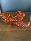 Vintage Fenton Art Glass Amberina Orange Hobnail Cat Head Boot Slipper Shoe