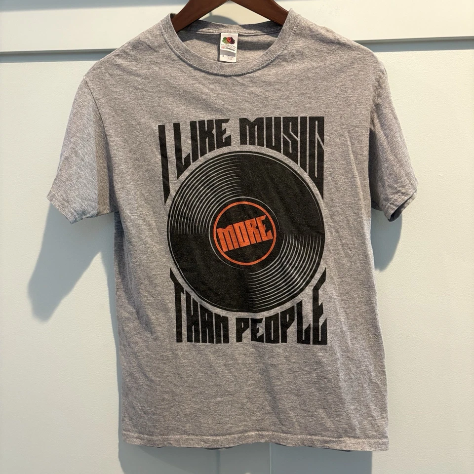 I Like Music More Than People T Shirt Women Small Light Gray Graphic Tee Record - Image 3 of 4