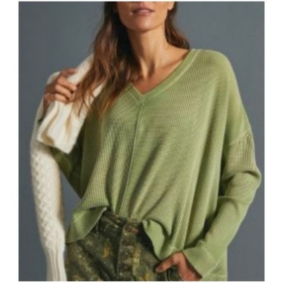 Anthropologie Pilcro S Green Waffle Knit Top Moira V-Neck Pullover