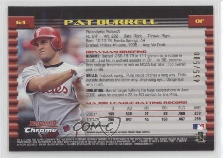 2002 Bowman Chrome Refractor /500 Pat Burrell #64 - Image 2 of 2